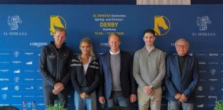 Freuen sich auf die bevorstehenden Derbytage: v.l. André Thieme, Kristina Anrecht (Anrecht Investment), Matthias Rath (Turnierleitung), Moritz Treffinger, Rainer Schwiebert (Dressurkoordinator) Foto: Lukasz Kowalski