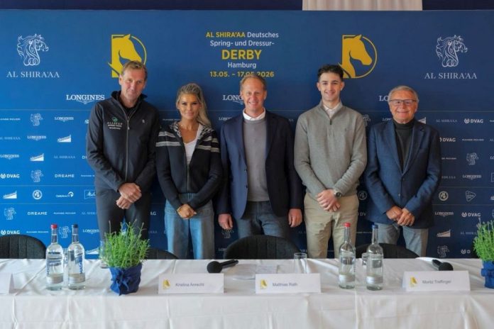Freuen sich auf die bevorstehenden Derbytage: v.l. André Thieme, Kristina Anrecht (Anrecht Investment), Matthias Rath (Turnierleitung), Moritz Treffinger, Rainer Schwiebert (Dressurkoordinator) Foto: Lukasz Kowalski